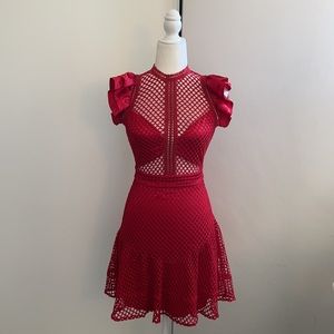 Bebe red ruffle sleeve open back cutout mini dress
